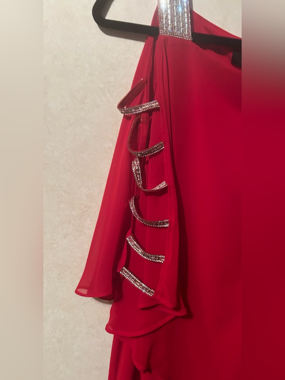 MSK Red Rhinestone-Trim Cold-Shoulder Small Mini Dress - Picture 2 of 7